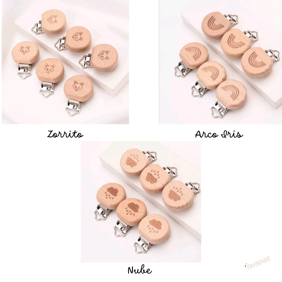 Chupeteros con clip de madera planos